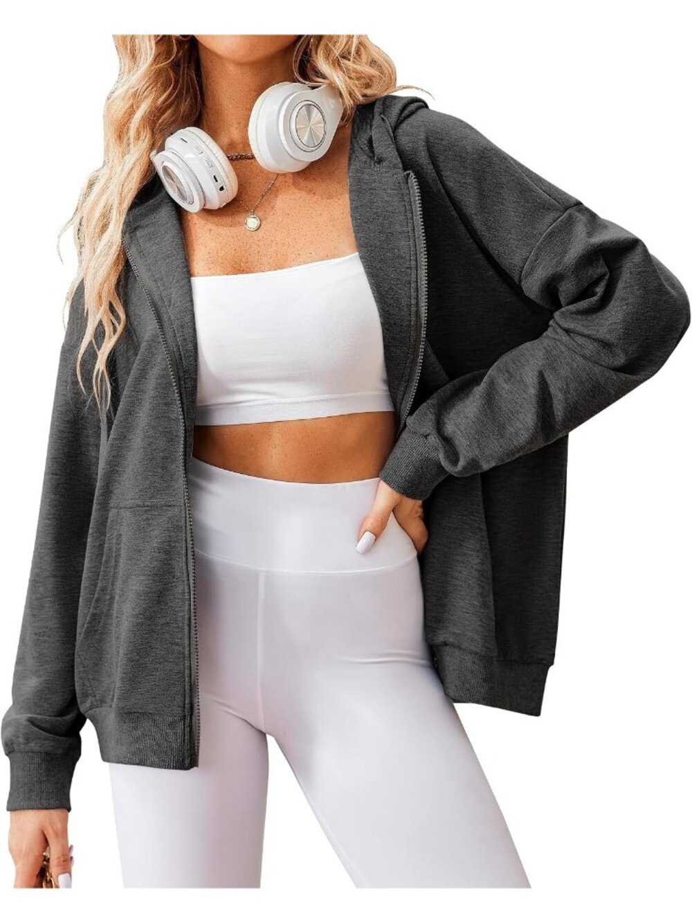 〽️Women's Dark Grey Oversized Hoodie Full Zip Lightweight Long Sleeve Casual Jac